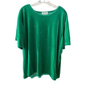 Quacker Factory Emerald Green Velour Top 2X Rhinestone Accent Short Sleeve Stret
